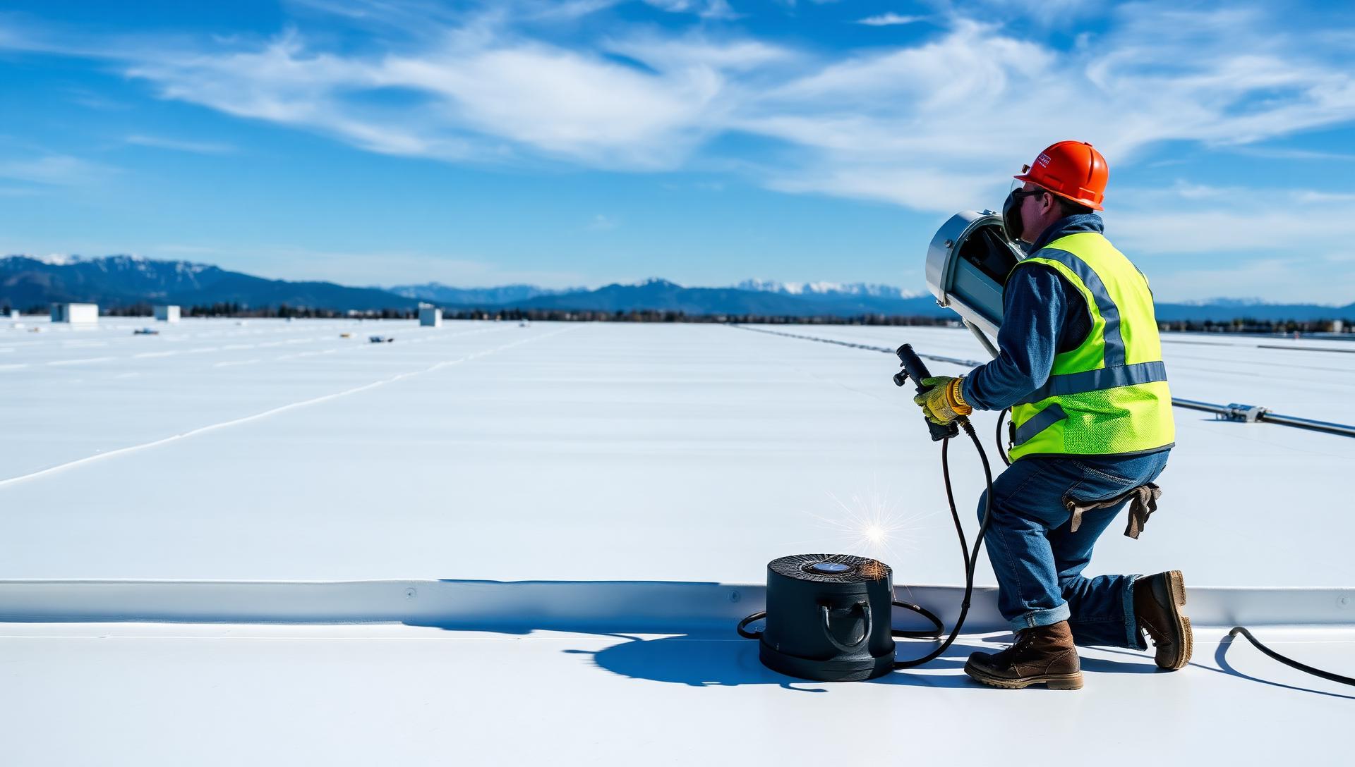 Commercial roofers at work on a flat membrane roof