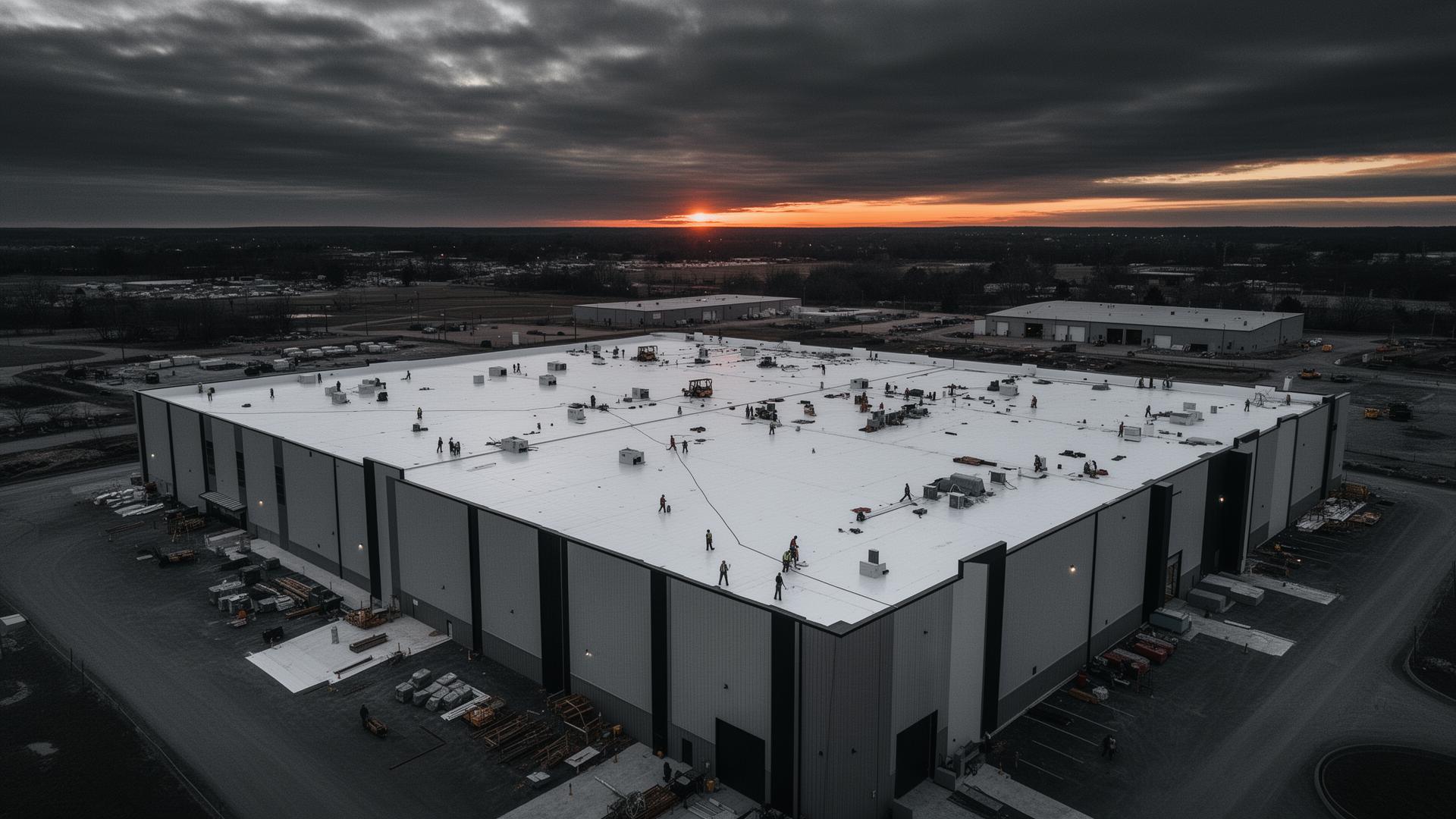 Commercial TPO roof installation at dusk